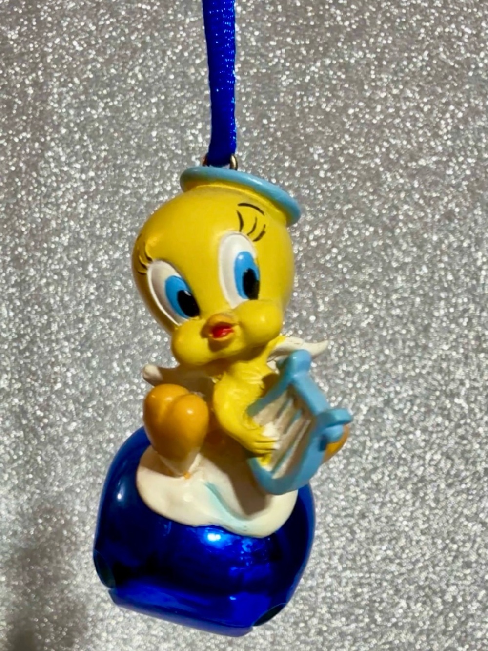 Warner Bros. Tweety Bird Angel w/ harp on blue Jingle Bell Necklace w/ blue cord